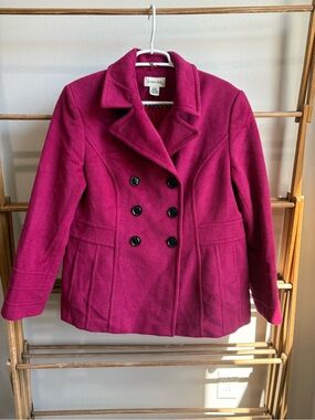 St. John's Bay Magenta Pink Double Breasted Wool Blend Pea Coat | Size Large